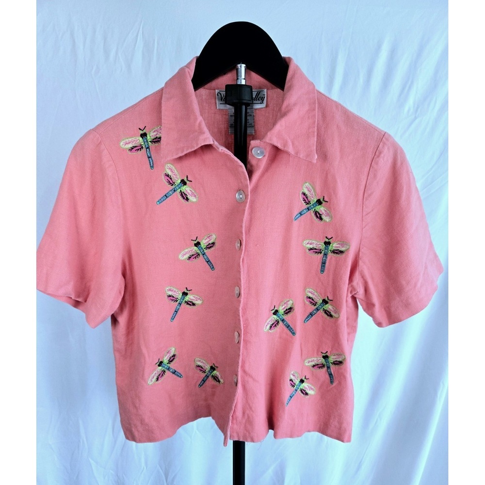 Coral Salmon Linen Blend Top Dragonfly Embroidered Sz 4P Small‎ Grandmacore